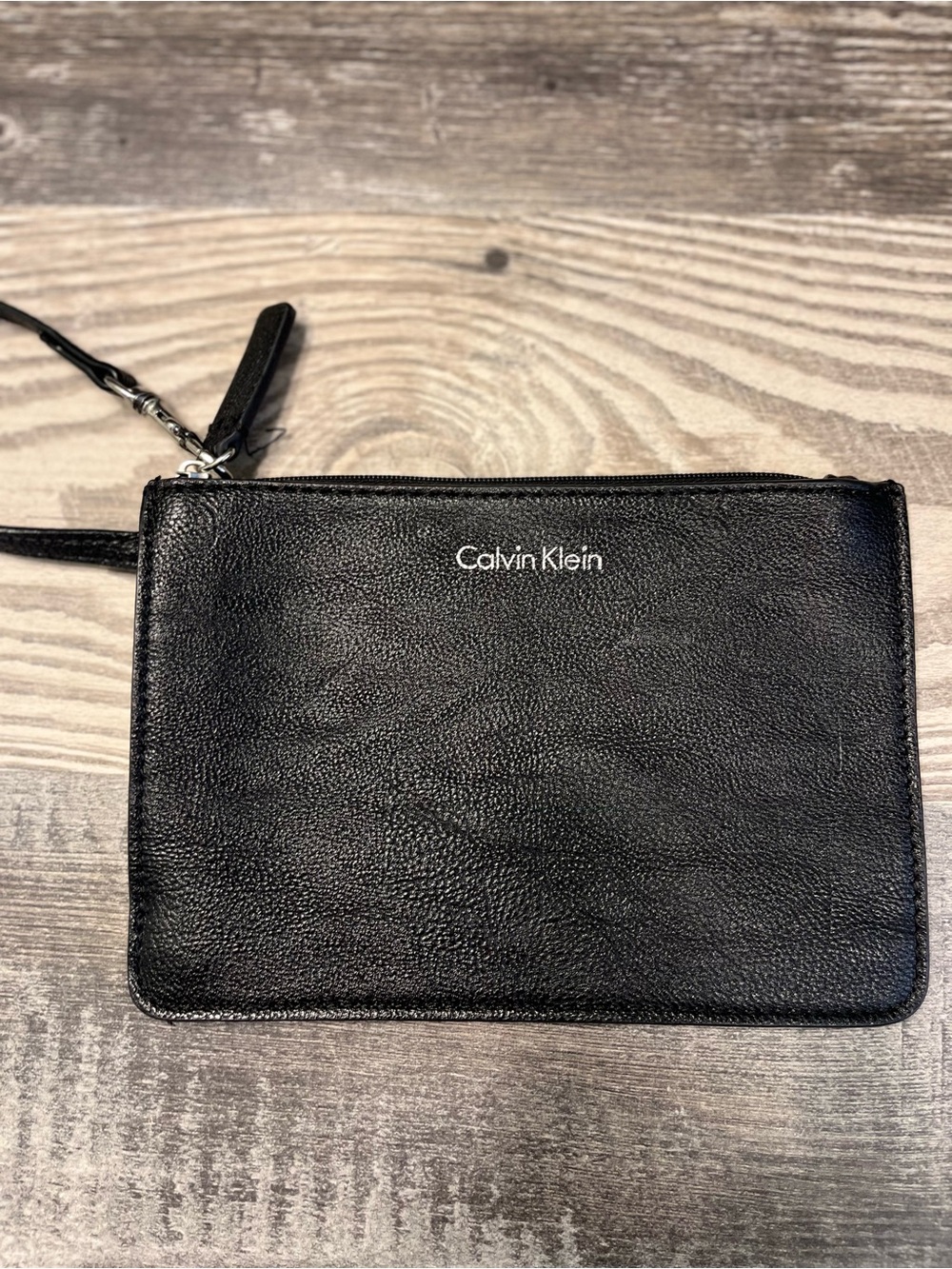 Calvin Klein Black Leather Wristlet Pouch with Strap